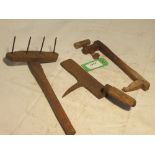 Thatcher's throw crook, straw combe and a Cotswold slater's pittaway (or slat-pick