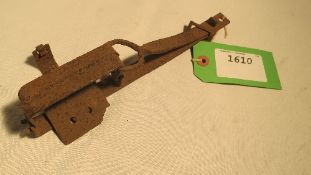 Very early 3½ins forged flat spring gin trap with unusual finely serrated jaws