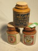 3 advertising jars Coombs' Eureka Flour, Pears' Soap and Huntley & Palmers Ginger Nuts