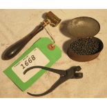 Brass and horn powder measure, lead shot tin and bullet mould