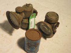 A Lucas Carbide Cycle Lamp with a rare, unopened tin of calcium carbide and a Powell & Hanmer