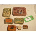Assorted tins: Baldwin's Wind Pills, Gee's Linctus, Iodised Lozenges, camomile pills, etc.