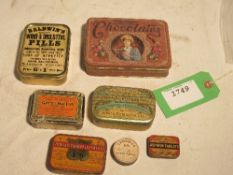 Assorted tins: Baldwin's Wind Pills, Gee's Linctus, Iodised Lozenges, camomile pills, etc.