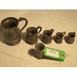 Set of 5 Victorian pewter liquid measures - pint, gill, ½gill, ?gill, ¼gill and a very old '½naggin'