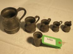 Set of 5 Victorian pewter liquid measures - pint, gill, ½gill, ?gill, ¼gill and a very old '½naggin'