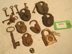 Assortment of locks and keys, some hand-made