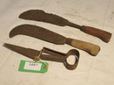 Shears, 2 bill hooks and cranked brush hook used by hedger