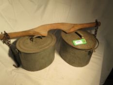 Yoke with 2 lidded milk pails, regularly used at Clews Farm, Bisley, Surrey in the early 1900s