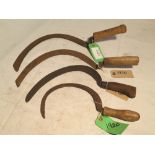 4 tools - Hereford pattern bagging hook by Brades & Co., No.2, a blacksmith-made osier hook, a