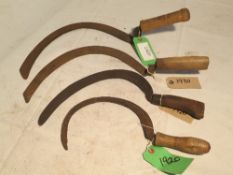 4 tools - Hereford pattern bagging hook by Brades & Co., No.2, a blacksmith-made osier hook, a