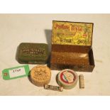 Assorted tins: Pioneer Gold Flake, Pontefract Cakes, DDT, Propert's Saddle Soap, etc.