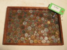 Display case of world coins, including British pre-decimal (farthing, tanner, silver 3d bit, etc.)