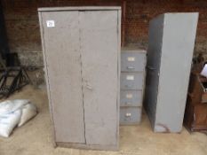 2 metal filing cupboards, 4 drawer filing cupboard & wooden