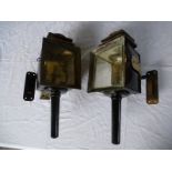 Pair of black/whitemetal square fronted lamps with brackets and pagoda tops engraved Million Guiet &