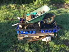 Pallet assorted hydraulic chainsaw & parts & wheel barrow
