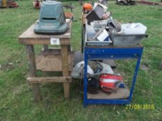 Wooden work bench and metal work bench with misc fittings and tools