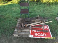 Assorted hand tools & signs & chair