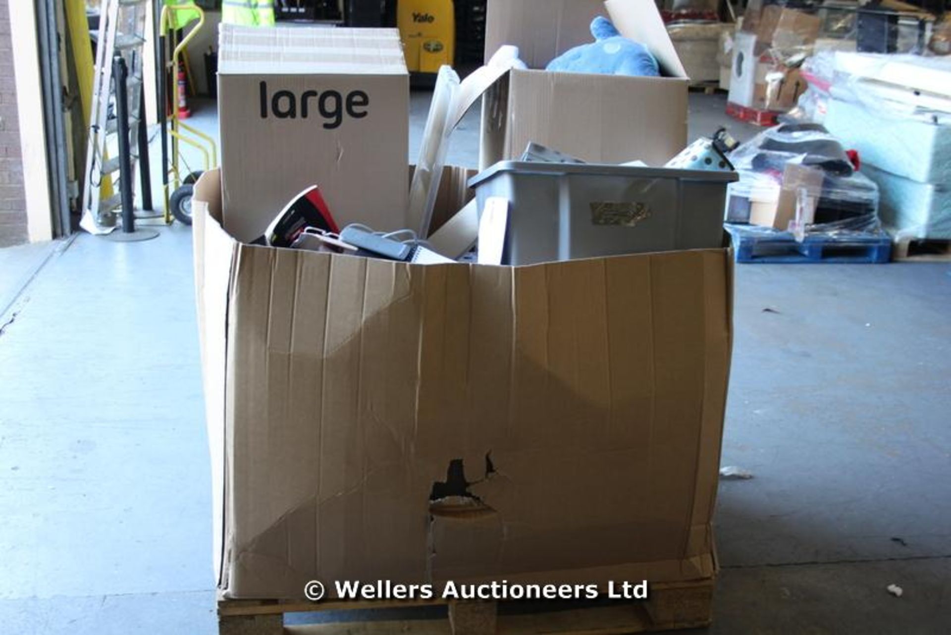 PALLET OF A SELECTION OF GOODS INCLUDING TEDDIES, COAT HANGERS, COSMETICS, HAIR STRAIGHTENERS,