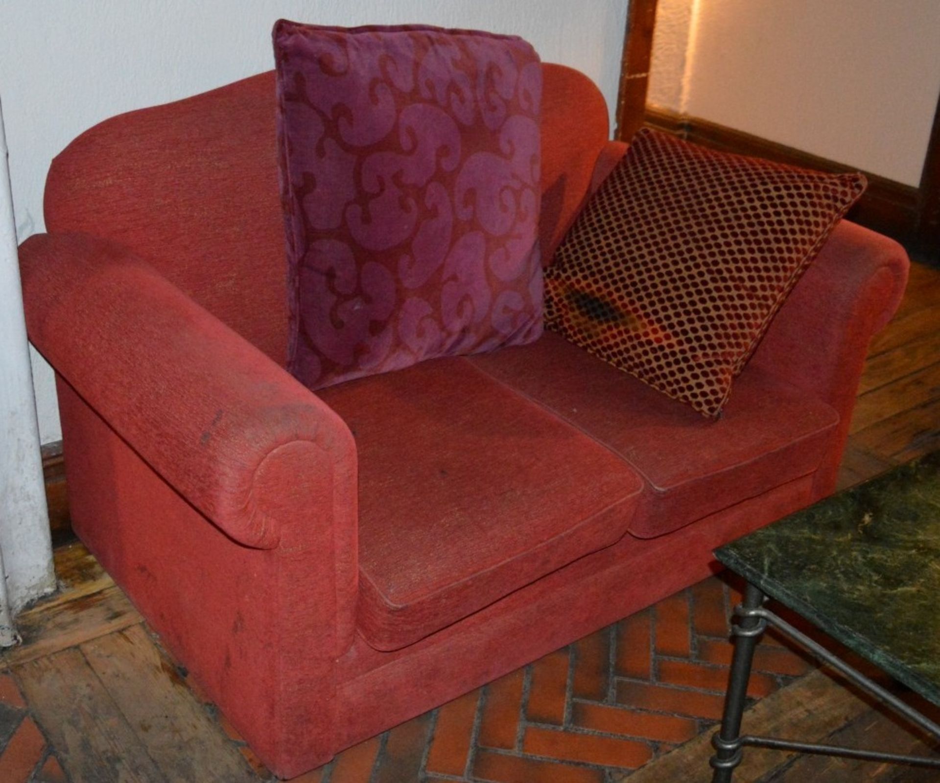 1 x Red Fabric Sofa With Cushions - Please See The Picture Provided - CL150 - Ref FURN019 -