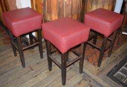 10 x Bar Stools With Footrests and Cushioned Seats Upholstered in Red Leather - H80 x W41 x D41 cms