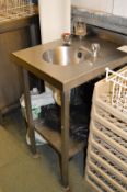 1 x Stainless Steel Single Bowl Sink Basin Unit - With Hot and Cold Water Taps - H86 x W45 x D60 cms