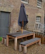 1 x Woodberry Castle Range Pub Table and Two Benches - Teak Wood - 40mm Top - Solid Sturdy Outdoor
