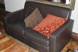 1 x Brown Leather Sofa With Cushions - Please See The Picture Provided - CL150 - Ref FURN009 -