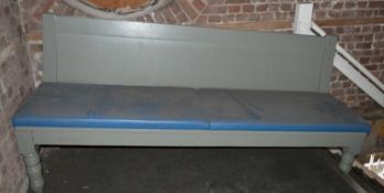 1 x Vintage Church Pew Bench - Church Reclamation - Refinished in Green With Blue Leather Seat - See