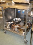 1 x Stainless Steel Commercial Kitchen Prep Bench With Undershelf on Castors - H103 x W85 x D90