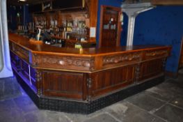 1 x Large Pub / Restaurant Bar - Mahogany Pub Bar With Carved Wood Detailing and Kick Protectors -