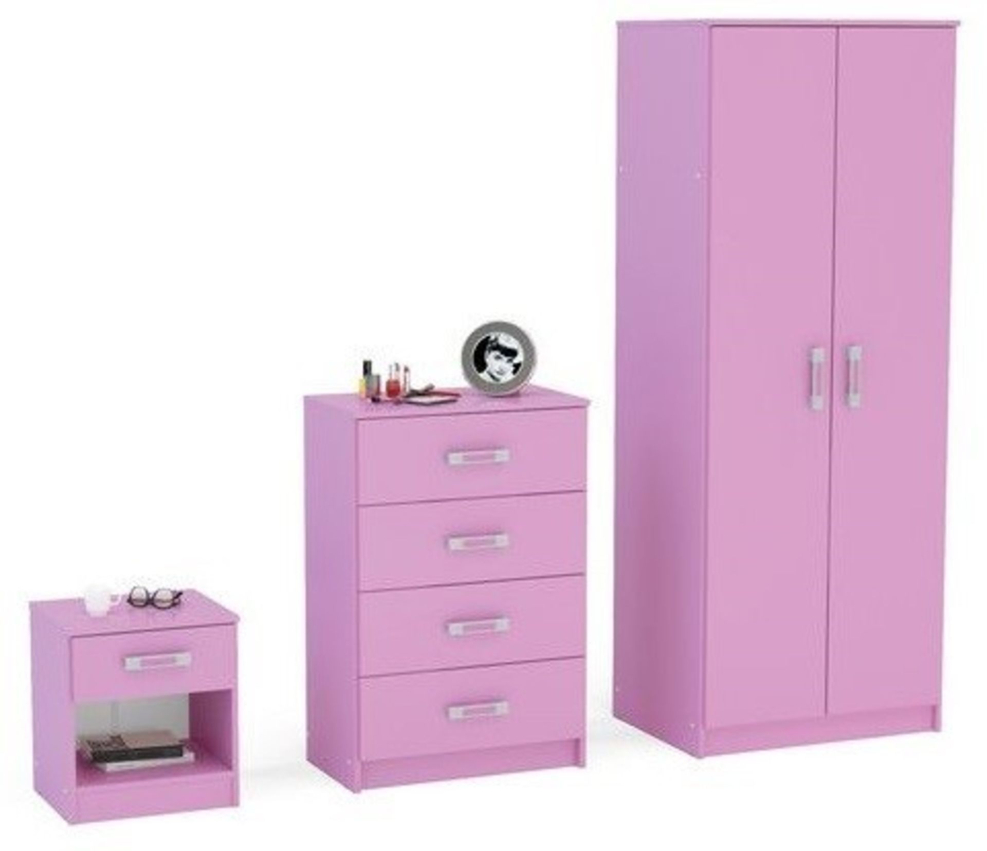 1 x "TRIO" High Gloss 3-Piece Bedroom Furniture Set In PINK - Brand New & Boxed - Includes Wardrobe, - Image 2 of 3