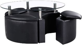 1 x Dakota Round Coffee Table with 4 Ottoman Storage Stools - Colour: BLACK - CL112 - Location: