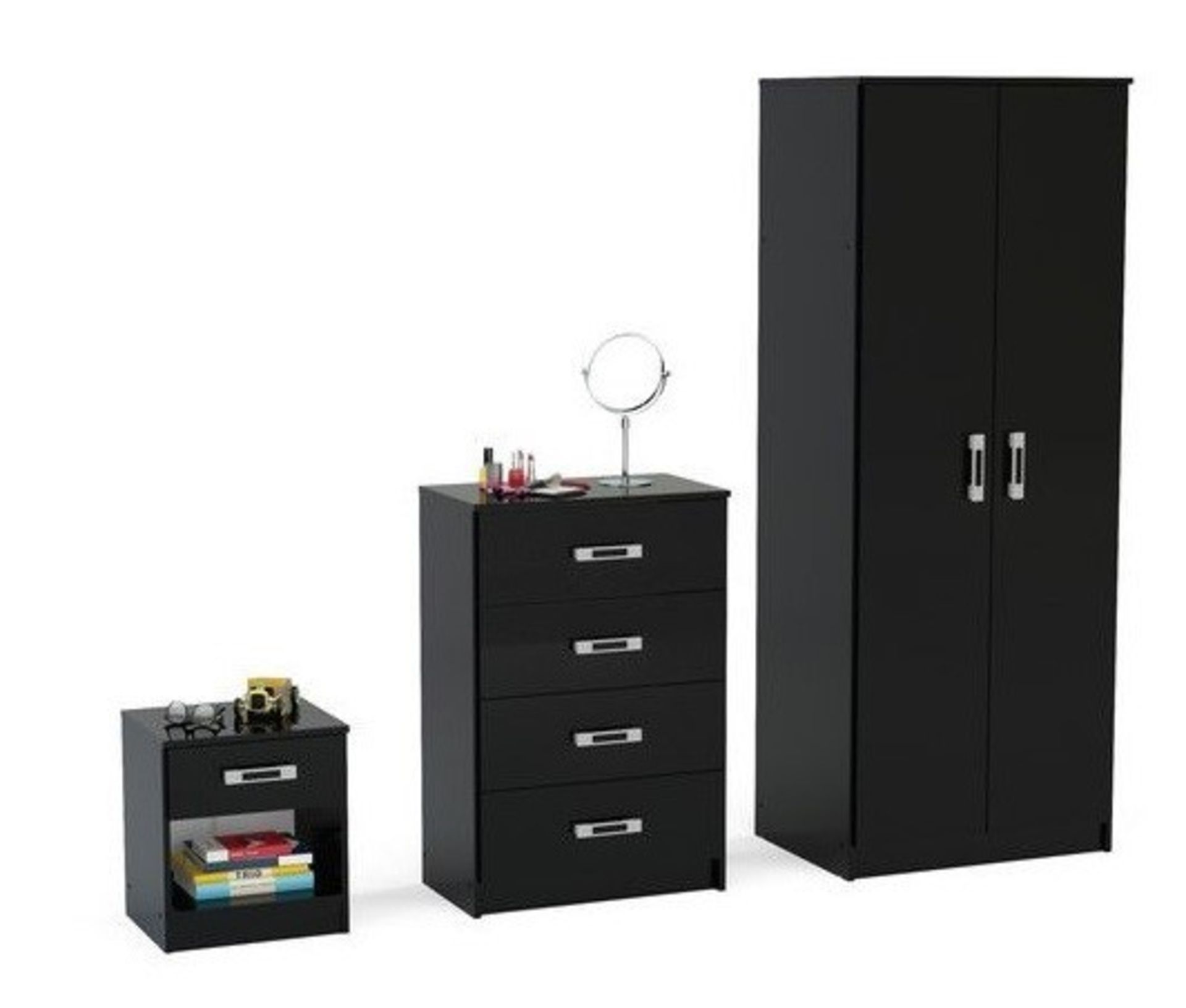 1 x "TRIO" High Gloss 3-Piece Bedroom Furniture Set In BLACK - Brand New & Boxed - Includes - Image 2 of 3