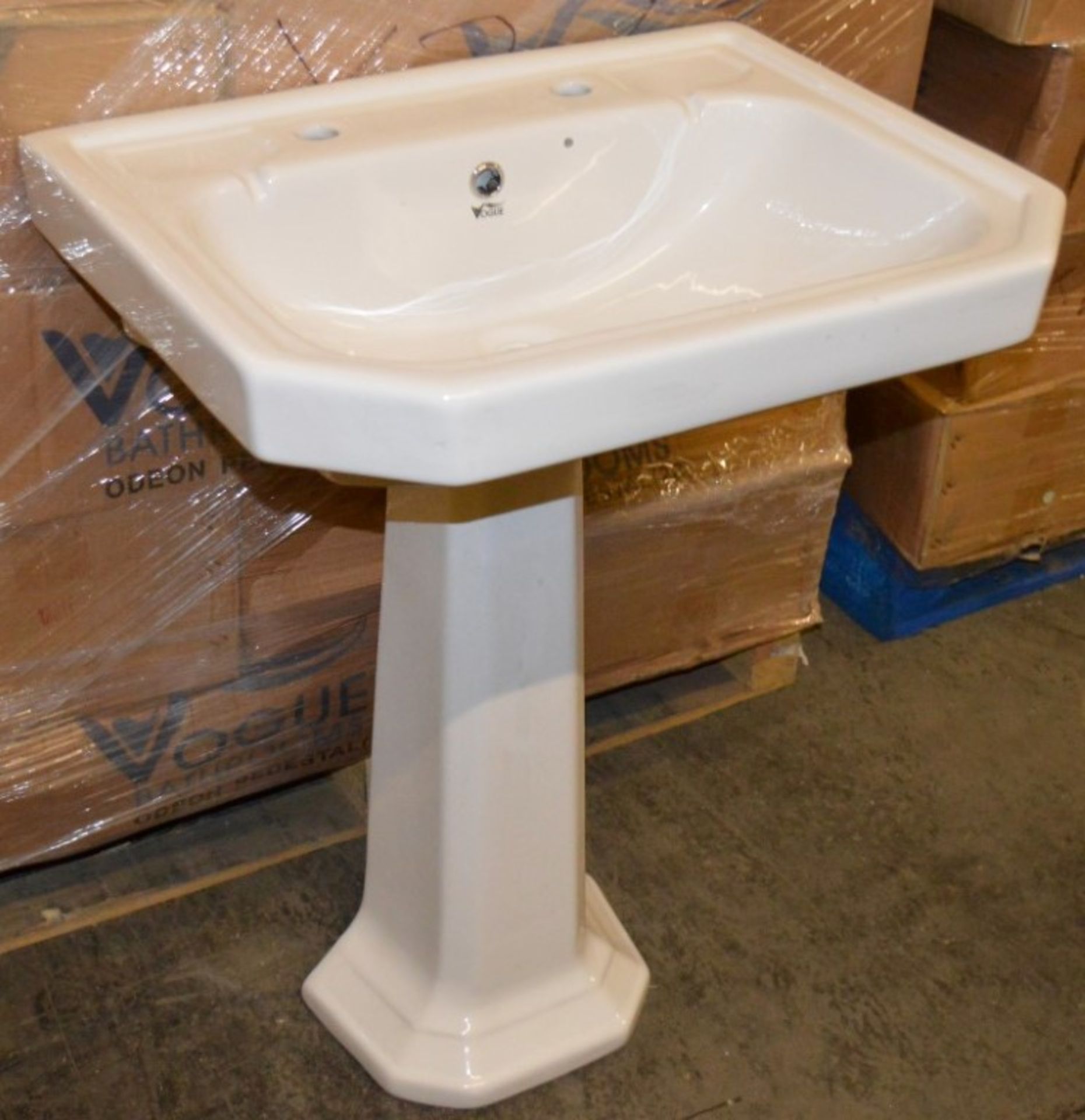1 x Vogue Bathrooms ODEON Two Tap Hole SINK BASIN With Pedestal - 600mm Width - Brand New Boxed - Image 2 of 3