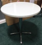 1 x Modern White Gloss Table With Thick Glass Top and Chrome Base - Height 74 x Diameter 70cm -