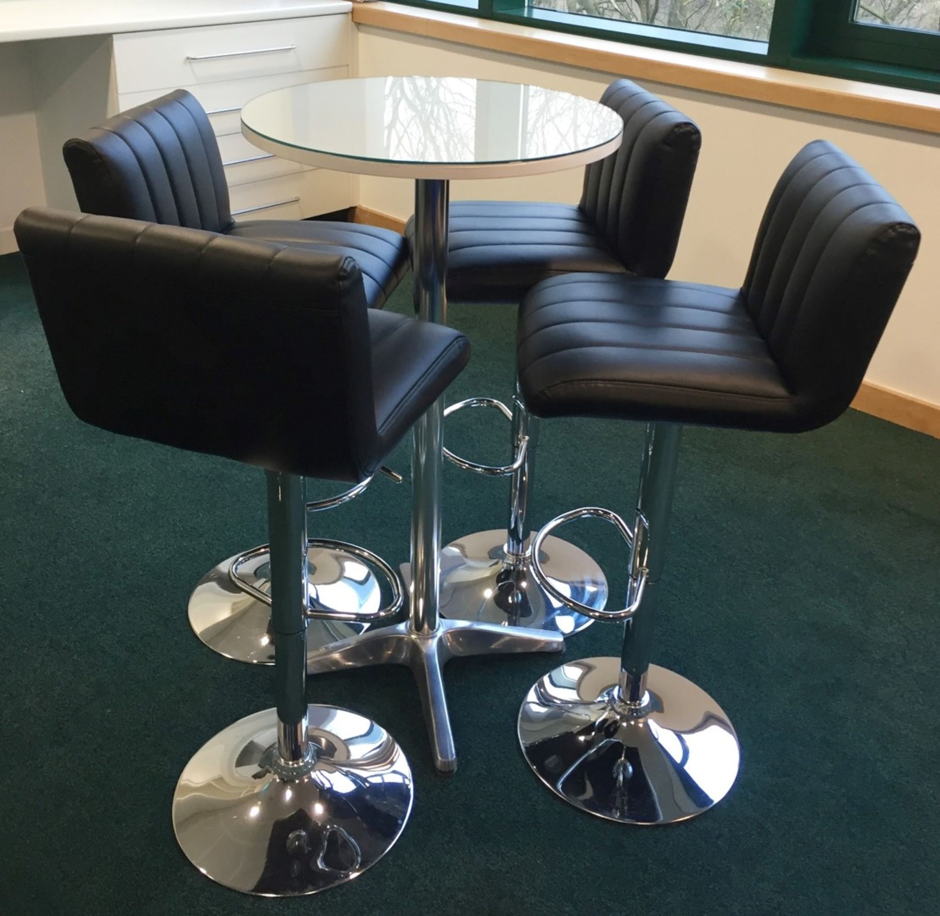 1 x Contemporary Poser Table With Four Faux Leather Bar Stools - Modern White Finish, Chrome Base - Image 11 of 13