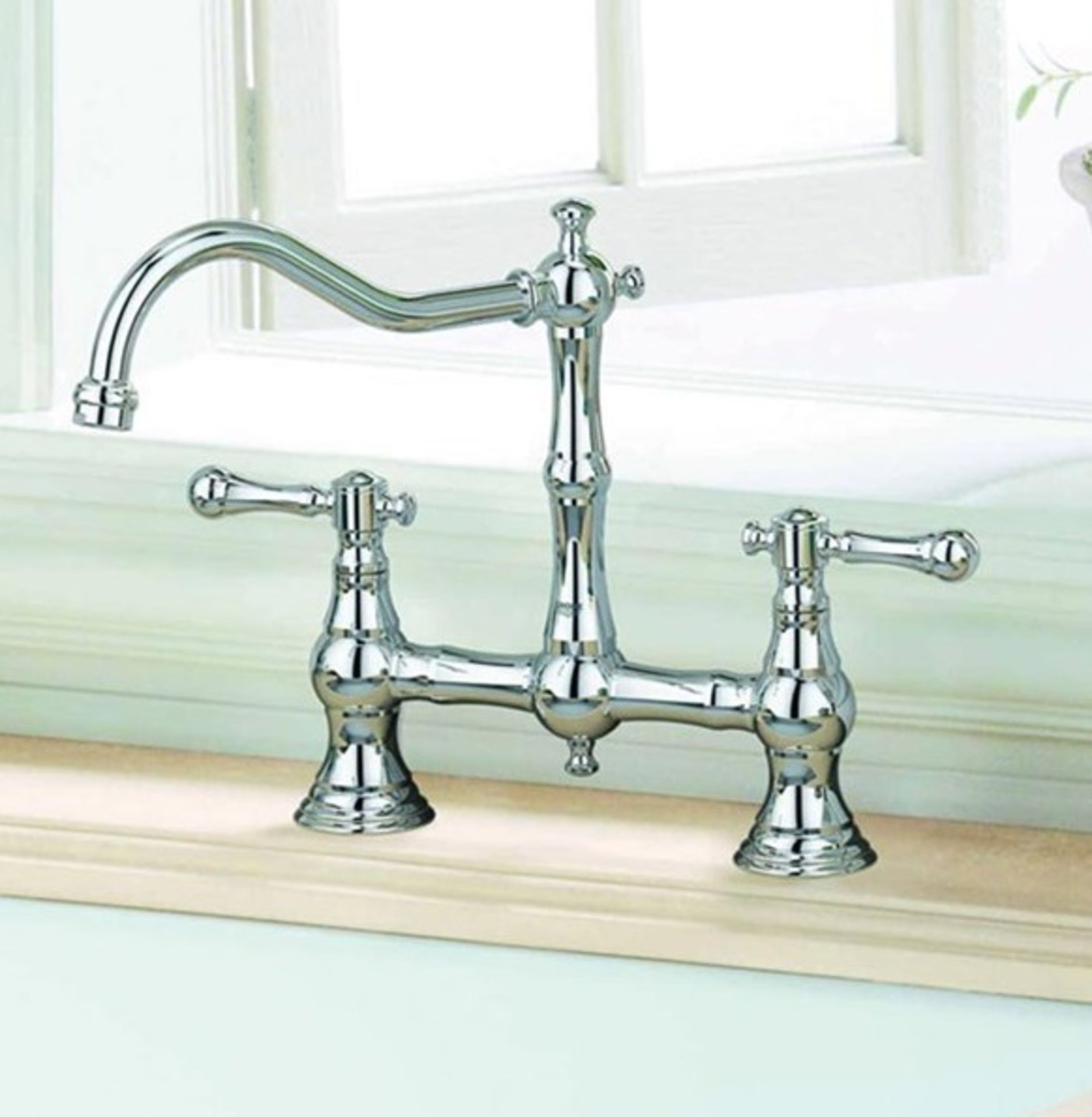 1 x Grohe "Bridgeford" Twin Bridge KITCHEN Sink Mixer With Swivel Spout - Deck Mounted - Chrome - Image 2 of 3