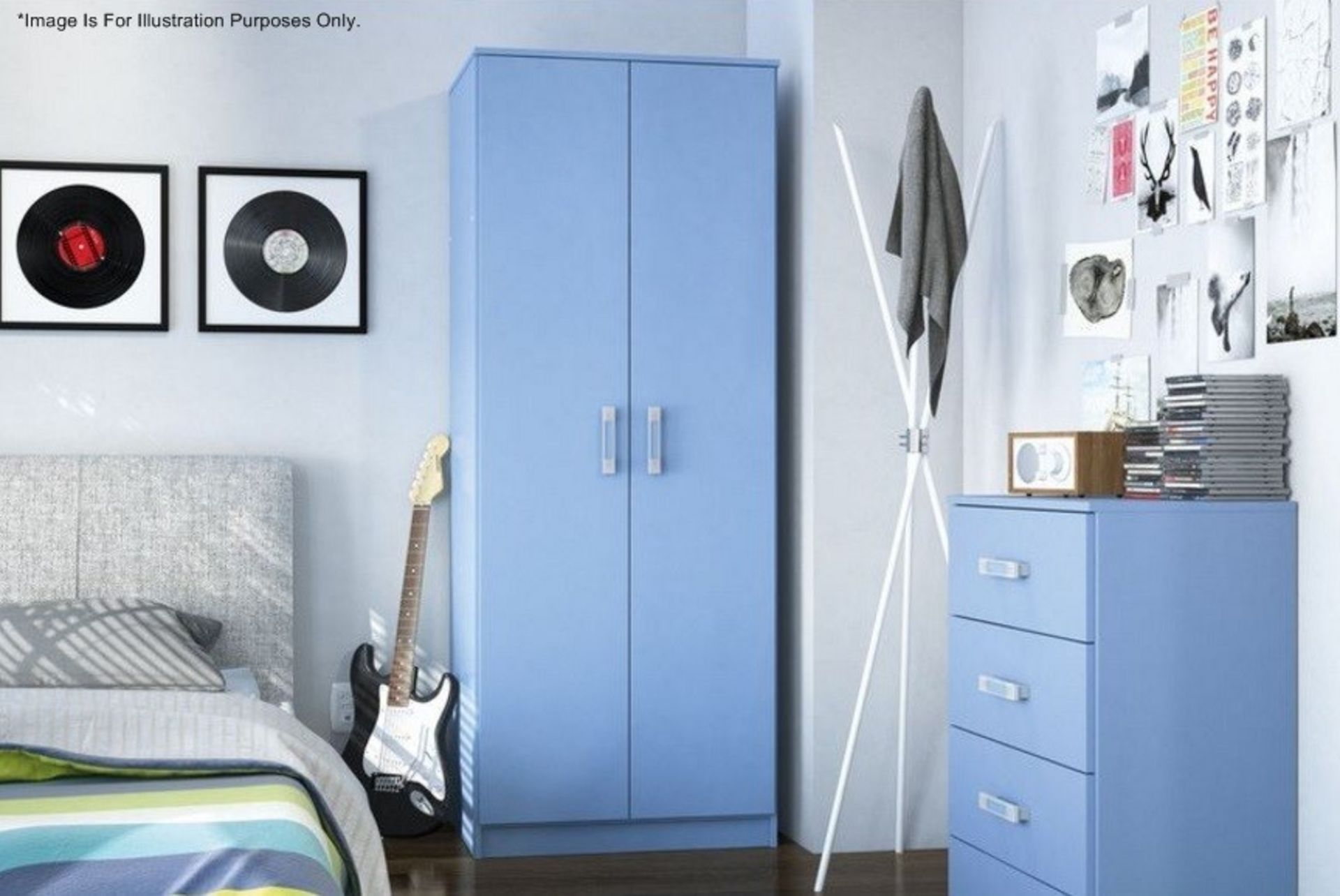 1 x "TRIO" High Gloss 3-Piece Bedroom Furniture Set In BLUE - Brand New & Boxed - Includes Wardrobe,