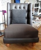 1 x Bespoke Dark Brown High Button Back Leather & Fabric Armchair With Cushion - Expertly Built