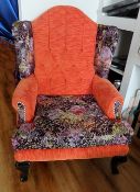 1 x Bespoke Handcrafted Wingback Chair In Upholstered In Luxury Orange & Floral Fabrics -