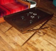 1 x Dark Wood Tray Top Table With Brass Coloured Cross Fame - Dimensions: W140 x H51 x D71 - Ref: