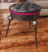 1 x Bespoke Handcrafted Stool - Unique Metal Framework With Leather Upholstered Cushion - Grey -