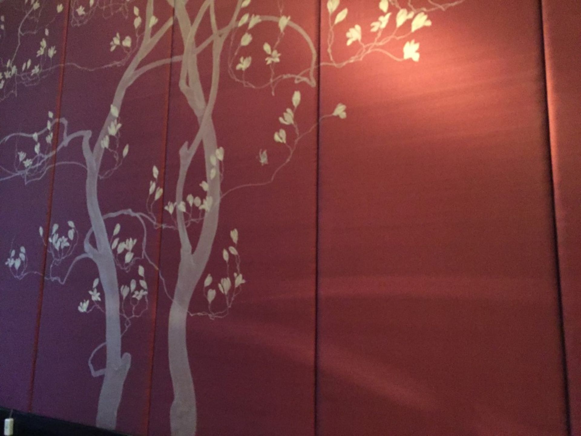 6 x Padded Silk Oriental Themed Wall Panels in deep red with tree theme - Each Panel measures - Image 4 of 8