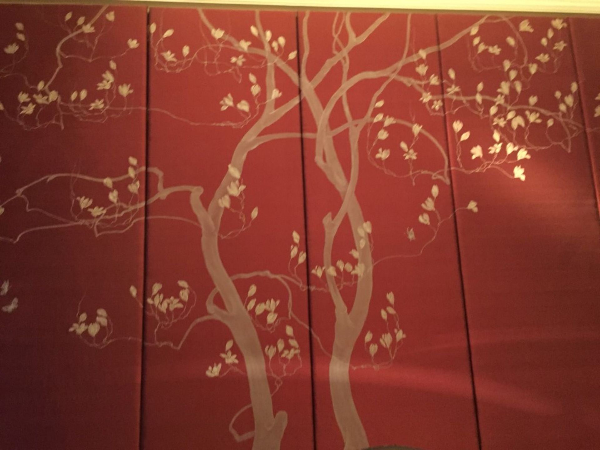 6 x Padded Silk Oriental Themed Wall Panels in deep red with tree theme - Each Panel measures - Image 6 of 8