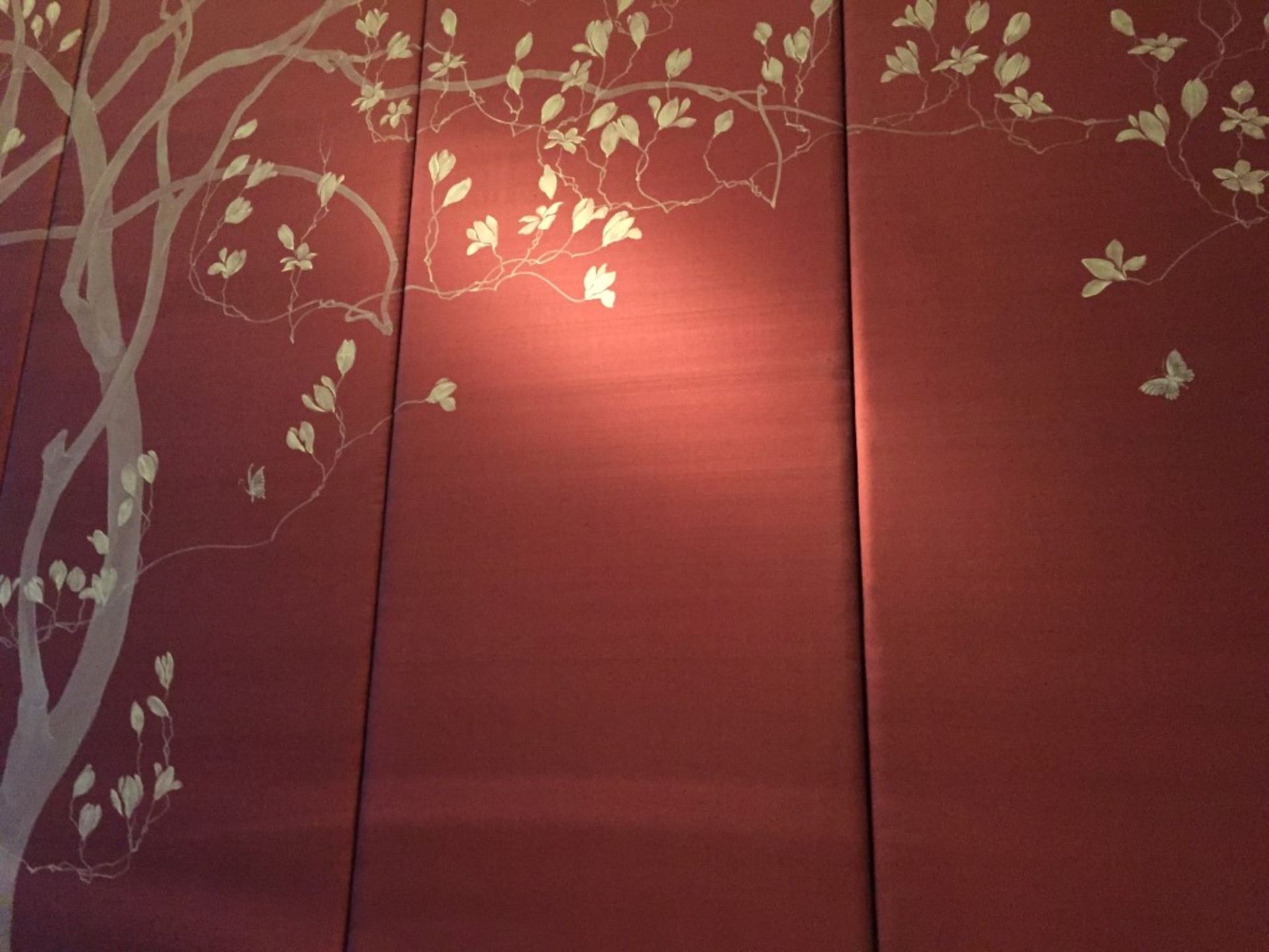 6 x Padded Silk Oriental Themed Wall Panels in deep red with tree theme - Each Panel measures - Image 3 of 8