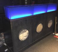 1 x Modern Dark Wood Reception Desk with Blue Mood Lighting and granite inay in Panelling -