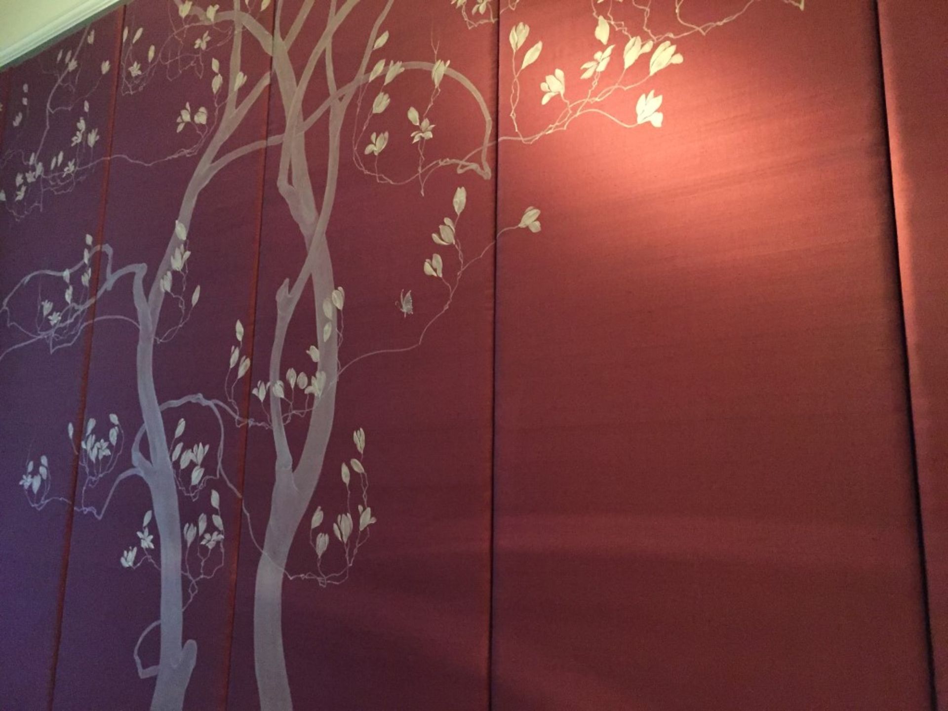 6 x Padded Silk Oriental Themed Wall Panels in deep red with tree theme - Each Panel measures - Image 2 of 8
