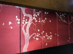 7 x Padded Silk Oriental Themed Wall Panels in deep red with tree theme - Each Panel measures