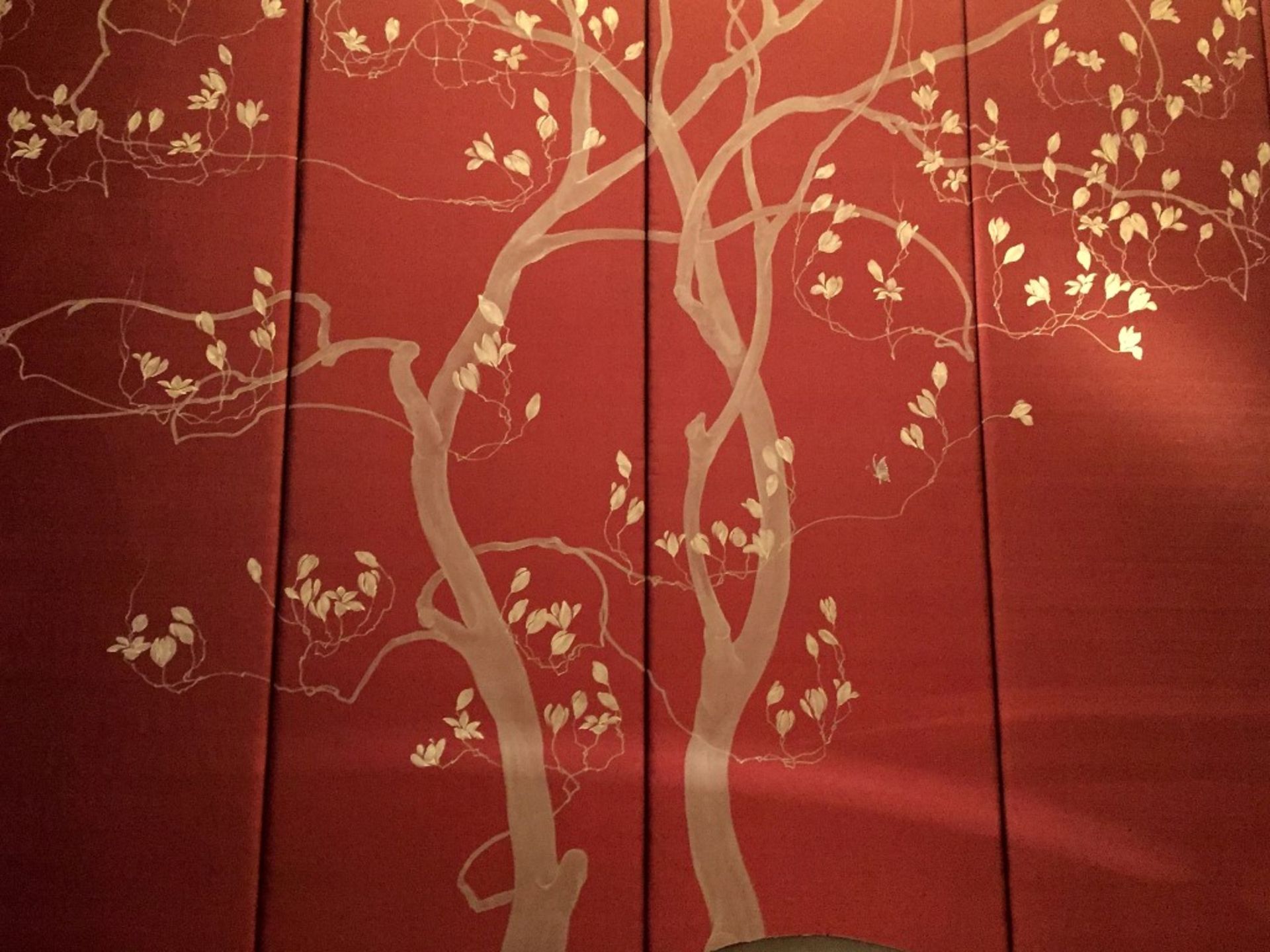 6 x Padded Silk Oriental Themed Wall Panels in deep red with tree theme - Each Panel measures