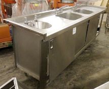 1 x Large Triple Bowl Stainless Steel Sink Unit, With 3-Door Storage -  W272 x D65 x H92cm - Ref: